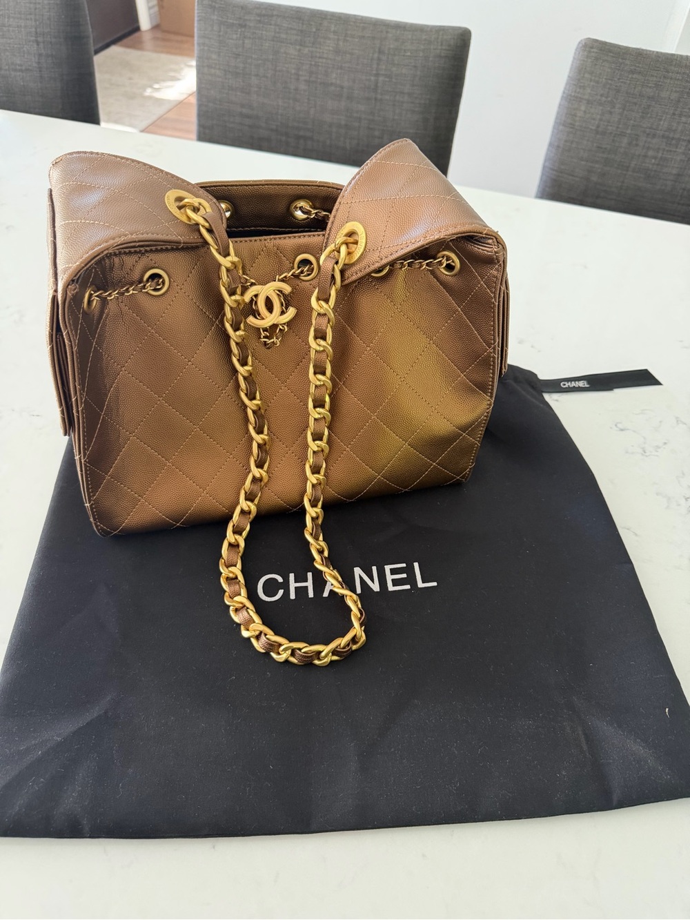 Brown Quilted Shoulder Drawstring Bag with Gold Chain